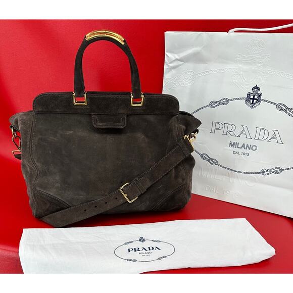 Prada Grafite Scamosciato Jumbo Spacious Brown Suede Shopping Overnight Tote Bag - Picture 1 of 16